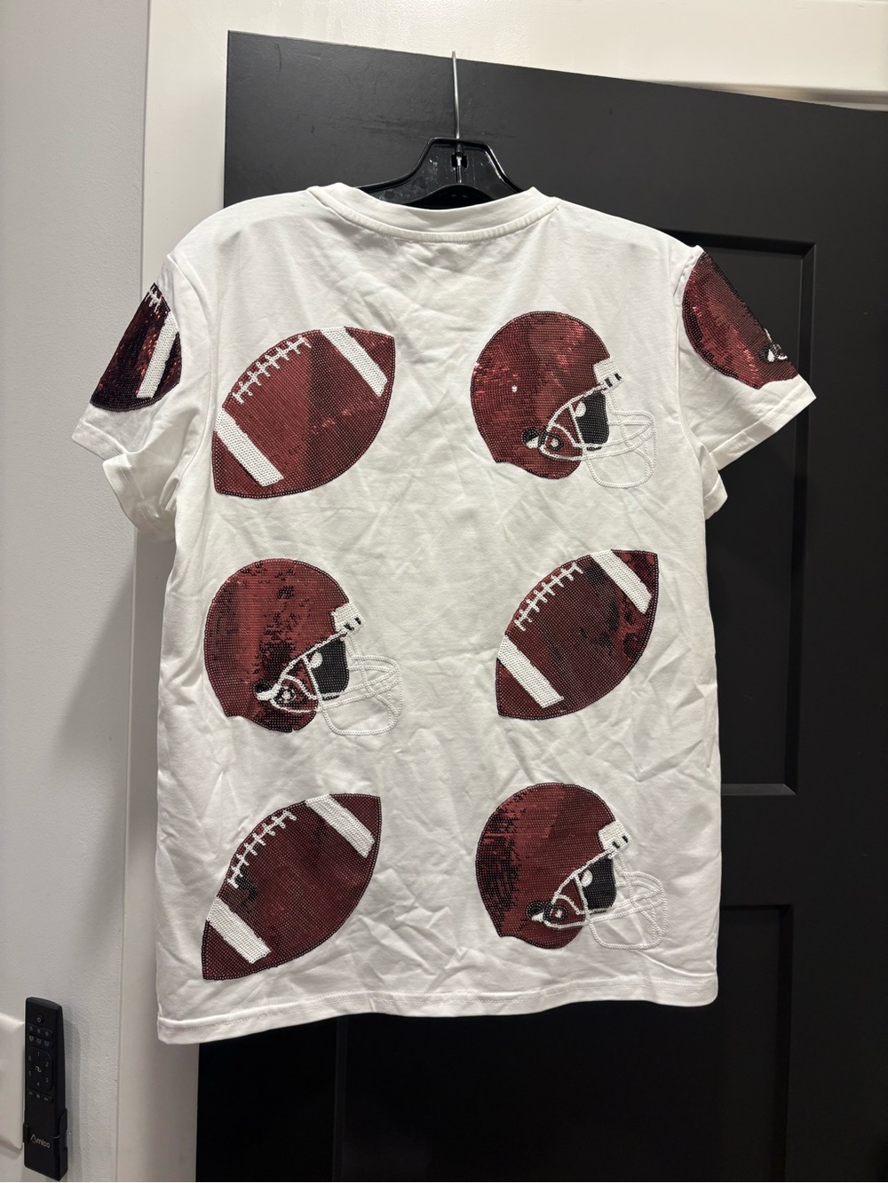 Belle Cher Women’s Sequin Football & Helmet Top Tee Small NWT white Maroon Red - Picture 5 of 7